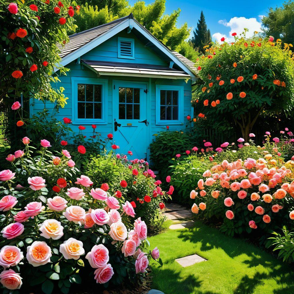 A lush, vibrant garden filled with various heirloom roses in full bloom, showcasing a variety of colors and shapes. Include a gardener carefully tending to the roses, surrounded by propagation techniques like cuttings and seedlings. The background features a quaint garden shed and sunny blue skies, emphasizing the beauty and craft of rose gardening. Painting. vibrant colors. natural lighting.
