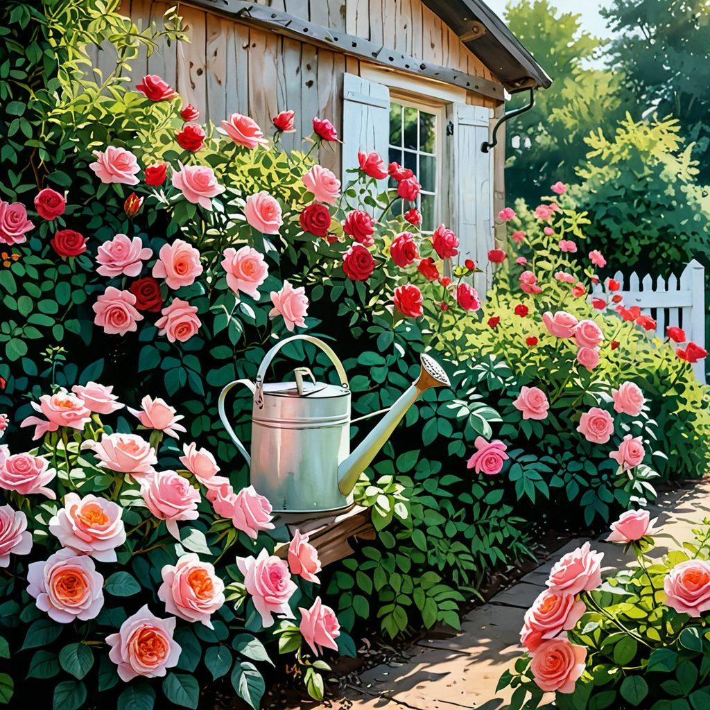 A lush garden filled with rustic roses in various shades of pink and red, surrounded by green foliage and natural gardening tools like a trowel and watering can. Sunlight streams down, casting a warm glow and creating a serene atmosphere. In the background, a wooden fence offers a cozy, rustic feel, while butterflies flutter around the flowers. A gentle breeze rustles the leaves, emphasizing a connection to nature and sustainability. watercolor painting. vibrant colors. soft focus.